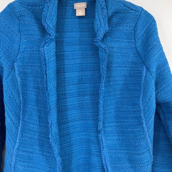 Chicos 1 Womens Blue Textured Open Front cardigan Jacket Size Medium cotton - Picture 9 of 15